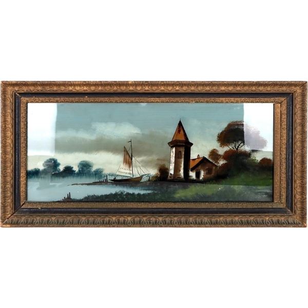 LIGHTHOUSE W/ BOAT ON A LAKE FRAMED PAINTING