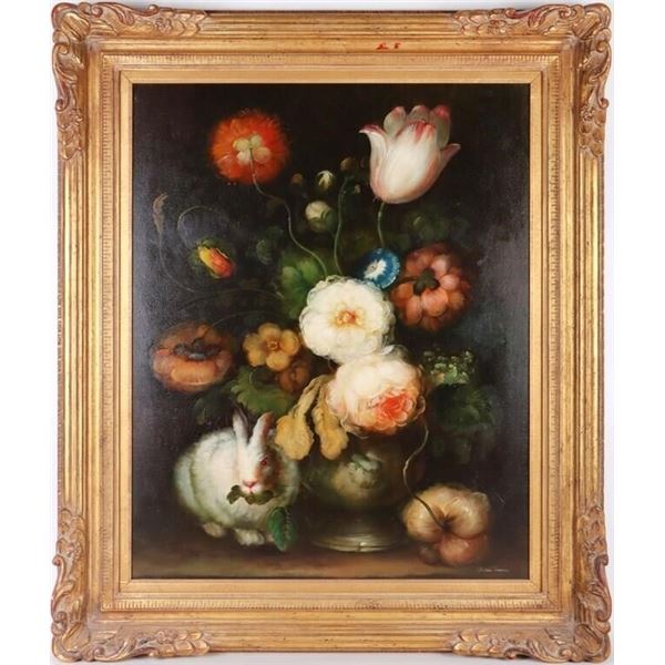 STILL LIFE BOUQUET W/ BUNNY OIL ON CANVAS FRAMED