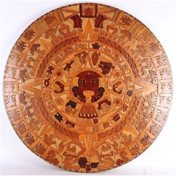 LARGE AZTEC MAYAN INLAID MOSAIC WOODEN CALENDAR