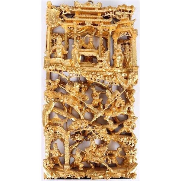 VINTAGE CARVED ASIAN GOLD GLIT WOODEN WALL PANEL