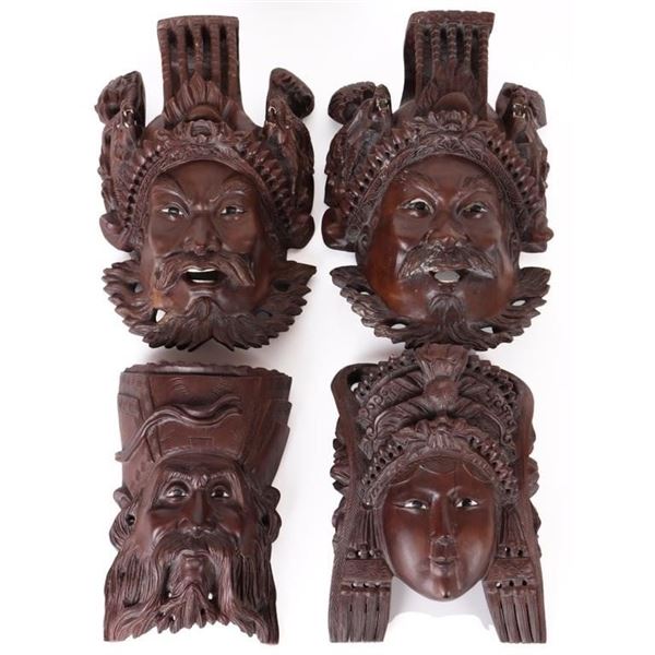 ANTIQUE CHINESE DAOIST ROSEWOOD MASKS - (4)