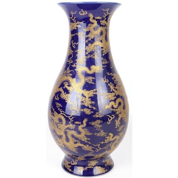 ANTIQUE CHINESE KANGXI GOLD & BLUE DRAGON VASE