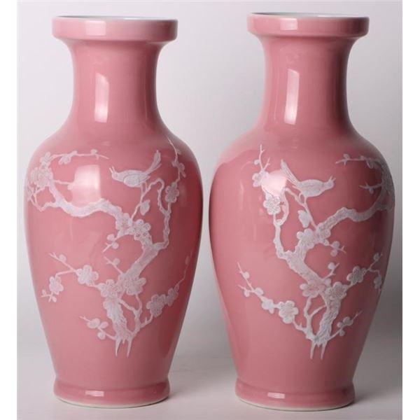 CHINESE BABY PINK PORCELAIN MARKED VASE PAIR