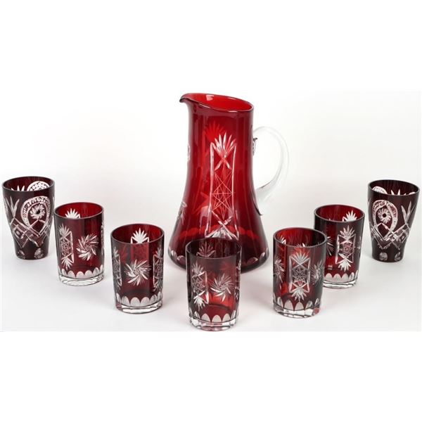 ANTIQUE BOHEMIAN CZECH RUBY RED GLASS PITCHER SET