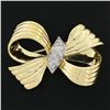 Image 2 : Vintage 14K TT Gold 0.20 ctw Pave Diamond Center Textured Grooved Bow Pin Brooch