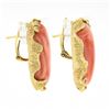 Image 4 : Large 14K Gold Oval Cabochon Coral w/ Diamond Textured Freeform Frame Earrings