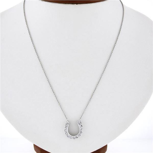 Vintage 14k White Gold .39 ctw Round Pave Diamond Lucky Horseshoe Pendant Neckla