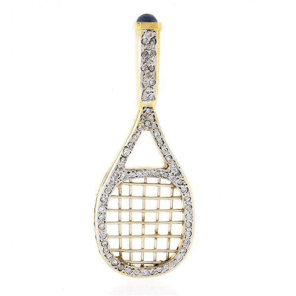 Vintage 14k Yellow Gold 1.50 ctw Pave Diamond Sapphire Large Tennis Racket Penda