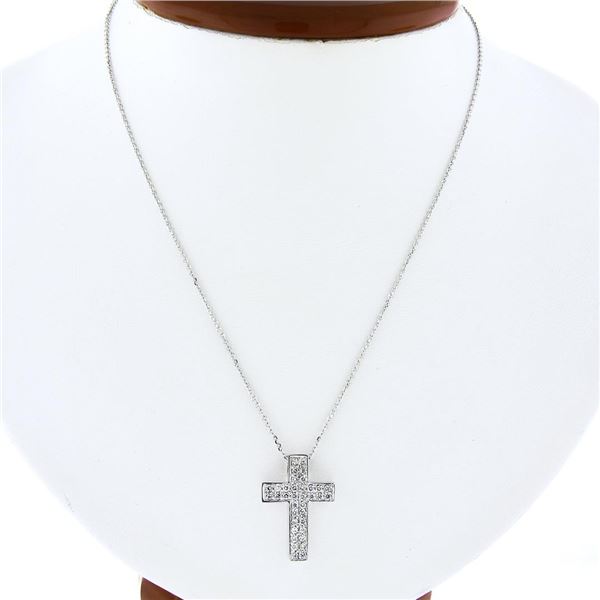 NEW 14k White Gold.60 ctw Round Pave Diamond Boxy Cross Slide Pendant & 18 Chain