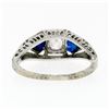 Image 7 : Antique Art Deco 18k White Gold .22 ctw Round Diamond Shield Sapphire 3 Stone Ri