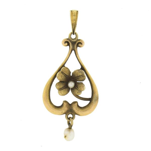 Art Nouveau 14k Gold Seed & Baroque Pearl Dangle 4 Leaf Clover Lavalier Pendant