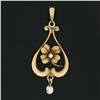 Image 2 : Art Nouveau 14k Gold Seed & Baroque Pearl Dangle 4 Leaf Clover Lavalier Pendant