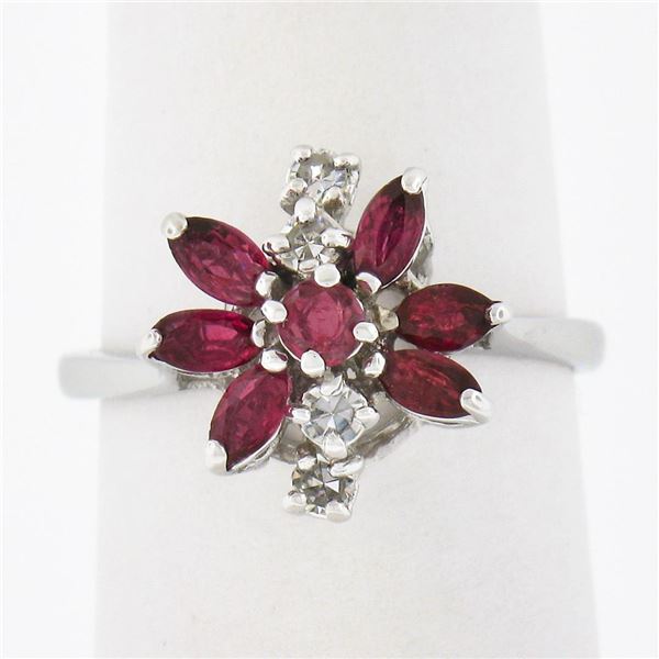 Vintage 14K White Gold 0.80 ctw Ruby & Diamond Petite Tiered Spray Cluster Ring