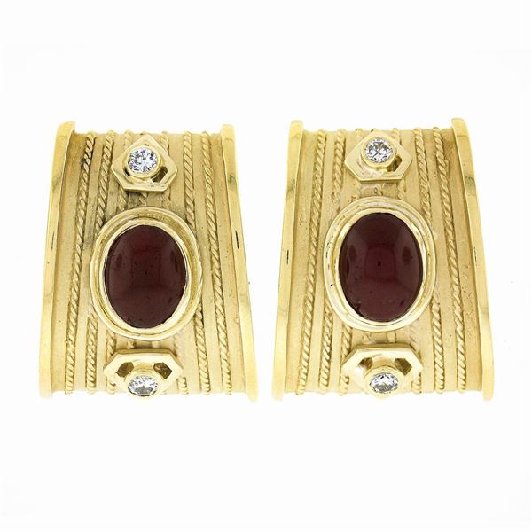 18k Gold Oval Cabochon Ruby & Diamond Twisted Wire Dual Finish Clip On Earrings