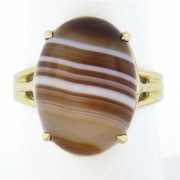 New 14k Yellow Gold 17x13mm Oval Cabochon Brown Banded Agate Solitaire Ring