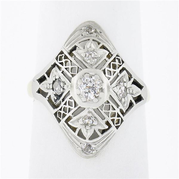 Antique Edwardian 18k Gold Platinum 0.20 ctw Diamond Filigree Petite Dinner Ring