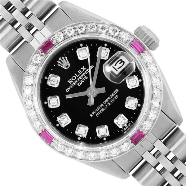 Rolex Ladies Stainless Steel Black Diamond And Ruby Date Wristwatch 26MM