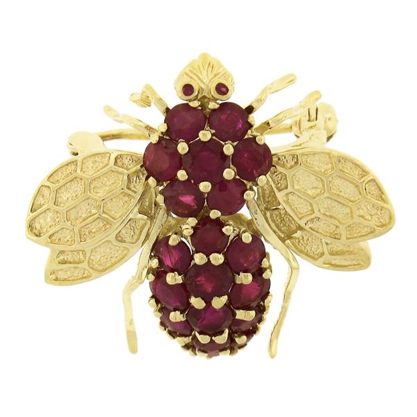 14K Yellow Gold 1.40 ctw Round Ruby Detailed Textured Fly Bee Insect Pin Brooch