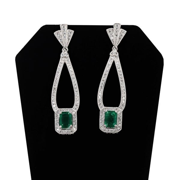 2.23 ctw Emerald and 1.45 ctw Diamond Platinum Dangle Earrings