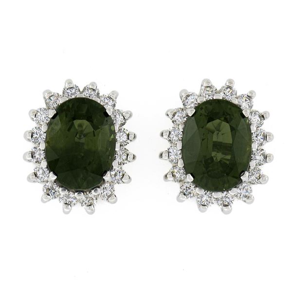 14K White Gold 3.98 ctw Oval Green Sapphire & Round Diamond Halo Stud Earrings