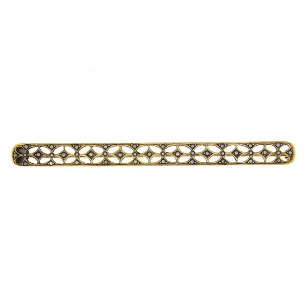 Antique Victorian 9k Yellow Gold Pave Set Bead Seed Pearls Long Bar Pin Brooch