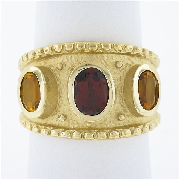 14k Yellow Gold Oval Garnet Citrine Matte Finish Bead Work Wide Cigar Band Ring
