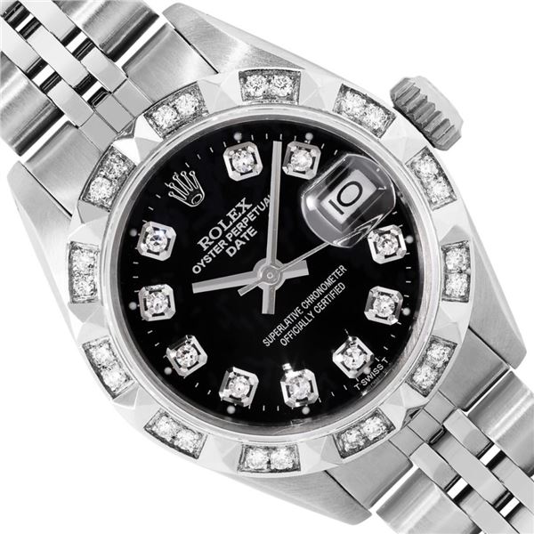 Rolex Ladies Stainless Steel Black Diamond Date Wristwatch 26MM