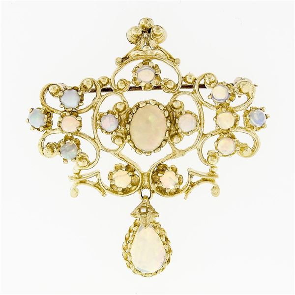 Vintage 14k Yellow Gold 2.02 ctw Cabochon Dangle Teardrop Australian Opal Pin Br