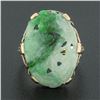 Image 2 : Vintage 10k Yellow Gold Oval Floral Carved Jade w/ Etched Open Work Platter Ring