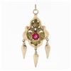Image 1 : Antique Victorian 14k Gold Etruscan Revival Red Stone Leaf Tassel Dangle Pendant