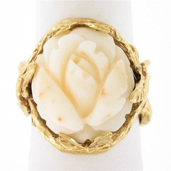 Vintage 14k Gold Large Carved Rose Flower White Angel Skin Coral Freeform Ring