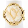 Image 1 : Vintage 14k Gold Large Carved Rose Flower White Angel Skin Coral Freeform Ring