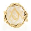 Image 4 : Vintage 14k Gold Large Carved Rose Flower White Angel Skin Coral Freeform Ring