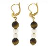 Image 4 : Vintage 10K Yellow Gold 7mm Round Bead Tiger's Eye & Pearls Drop Dangle Earrings