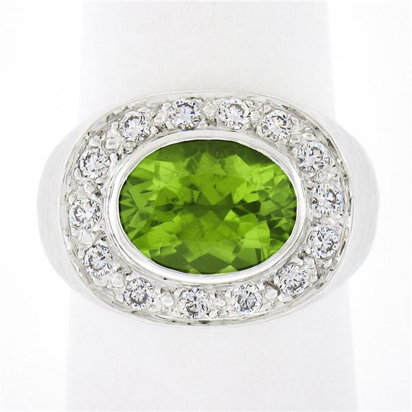 18k White Gold 4.11 ctw Oval Peridot & Pave Diamond Matte Hammered Cocktail Ring