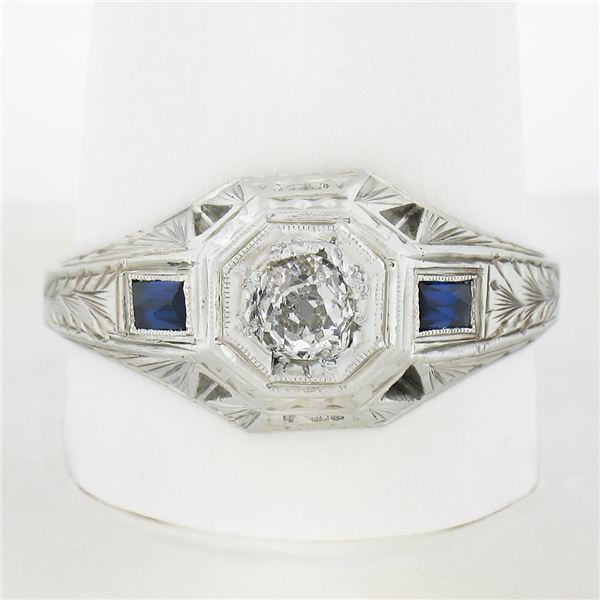 Antique Art Deco 18k Gold .40 ctw Old Diamond & French Sapphire Hand Engraved Ri