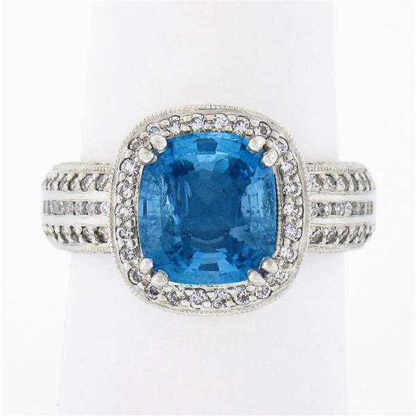 Platinum 3.58 ctw Cushion Aquamarine w/ Diamond Halo & Accents Mil grain Work Ri
