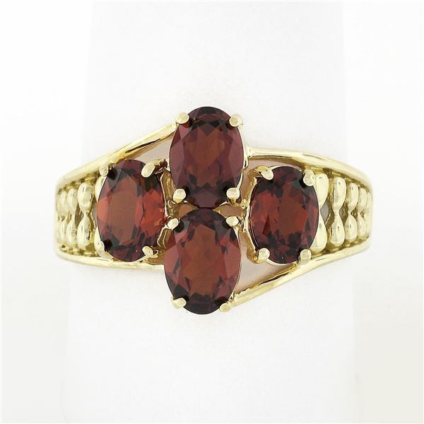10k Yellow Gold 3.50 ctw Prong Set Oval Cut Garnet Open Work Sides Wide Band Rin