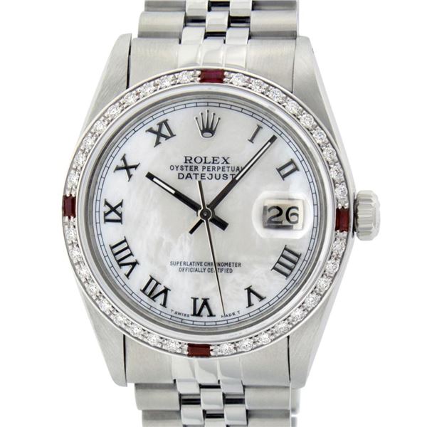 Rolex Mens Stainless Steel White Roman 36MM Diamond And Ruby Datejust Wristwatch