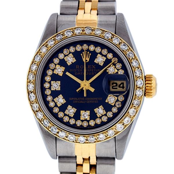 Rolex Ladies Two Tone Sapphire Quickset Blue String Diamond Datejust Wristwatch