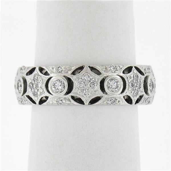 Solid 18K White Gold 0.76 ctw Star Pave & Bezel Diamond Open Work Wide Band Ring