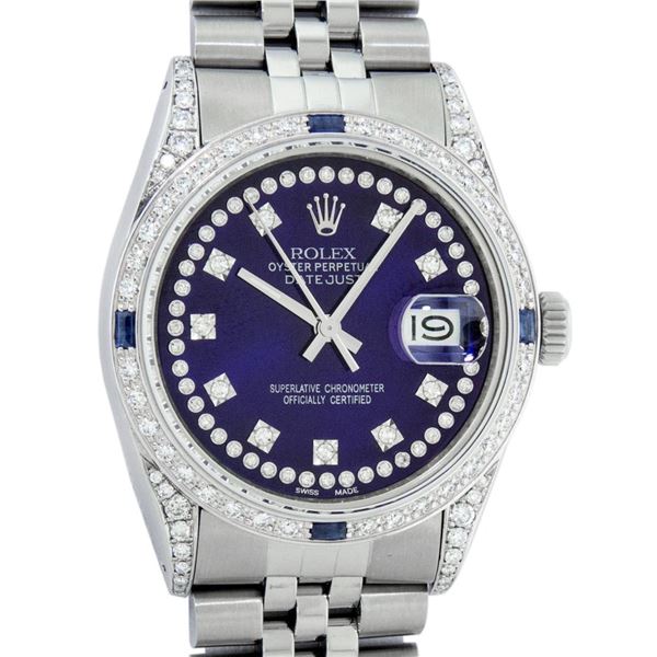 Rolex Mens Stainless Steel Blue String Diamond Lugs And Sapphire Datejust Wristw