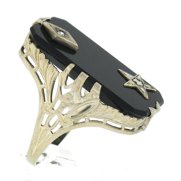 Antique Art Deco 14K Gold Black Onyx & Diamond Masonic Star Long Dinner Ring