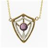 Image 2 : Antique 14k TT Gold Purple Stone Open Work Petite Shield Pendant w/ Cable Chain