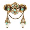 Image 1 : Antique Victorian 14K Gold Turquoise & Carved White Stone Dangle Brooch Pin