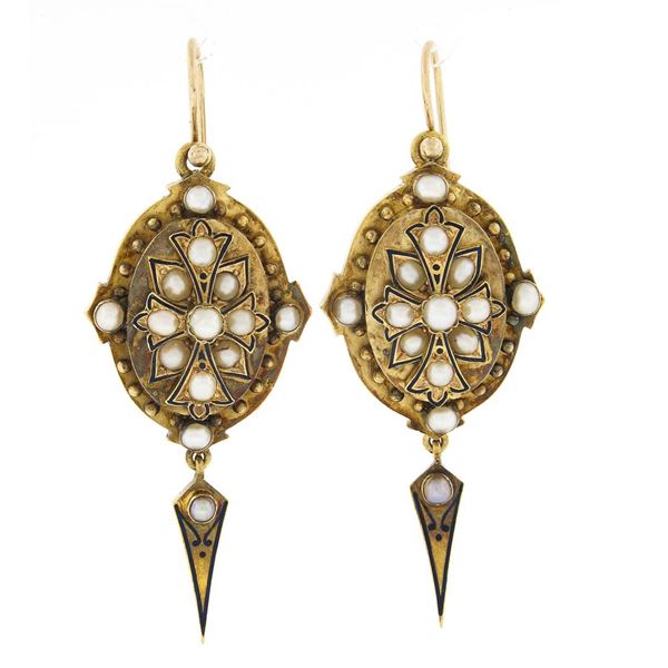 Antique Victorian 14k+ Gold Cultured Pearl Blue Enamel Drop Dangle Earrings