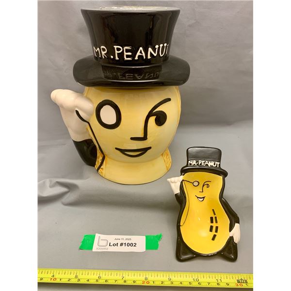Mr. Peanut Large Porcelain Cookie Jar & Small Peanut Serving Tray Vintage