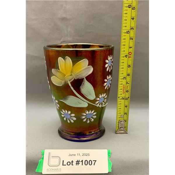Northwood Rare Blue Hand Painted Daisy Carnival Glass Tumbler Circa 1909