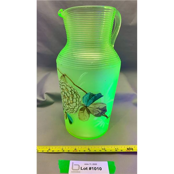 Uranium Glass 1890's Hand Painted Pitcher Very Rare Hobbs & Bruckner