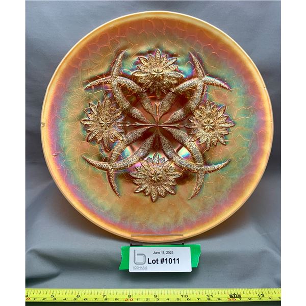Spectacular Dugan "Four Flowers" Peach Opal Carnival Glass Chop Plate 1910